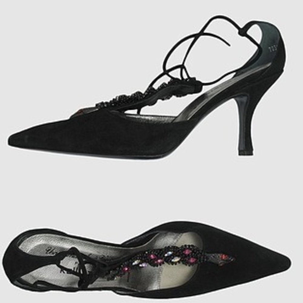NIB $670 Kalliste suede diamond  snake  ankle tie pumps.‎ IT 40 US 9